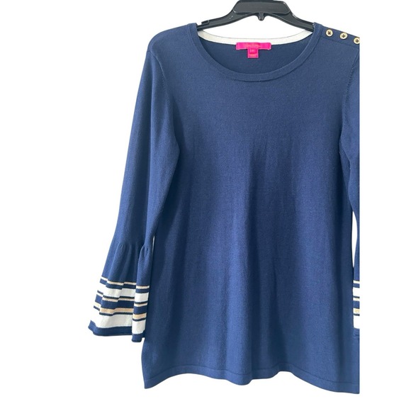 Lily Pulitzer Navy Blue Pullover Sweater 3/4 Bell Sleeve Gold Detail Size Medium - Picture 4 of 10